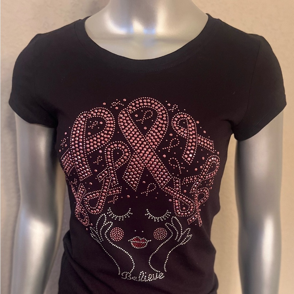 Pink Ribbon Believe Rhinestone Tee | Breast Cancer Awareness Shirt